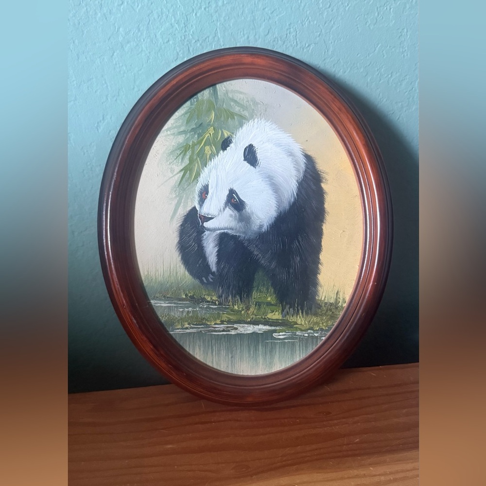 Panda Oil Painting Oval Wood Frame 12x9.5”